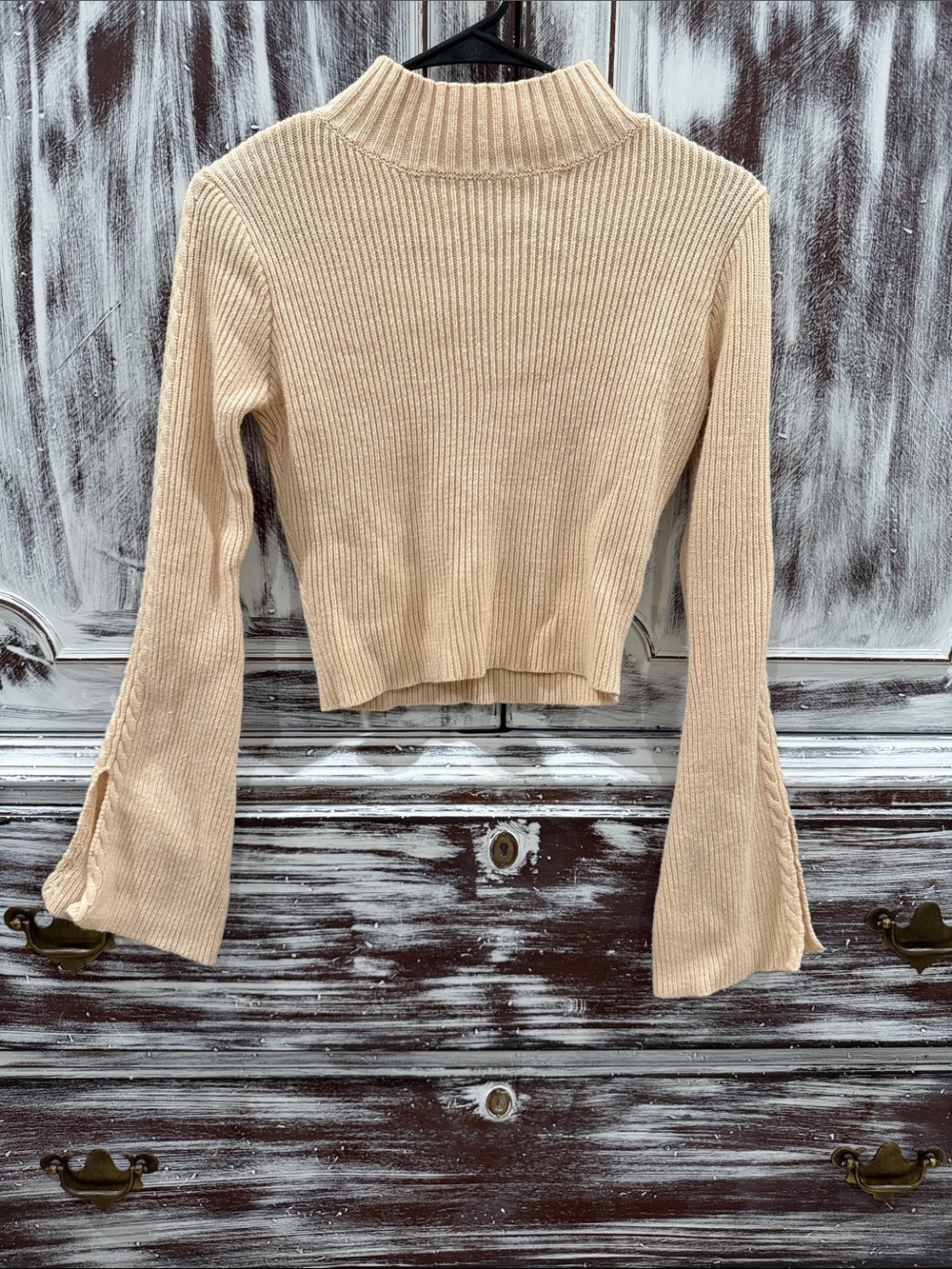 Honey Punch Cropped Ribbed Mock Neck Sweater in Beige